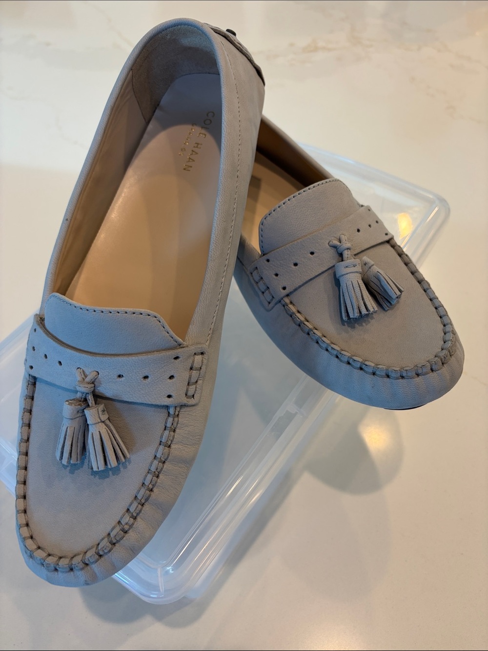 Ladies like new Cole Haan Grand Light Gray Tassel Loafers size 11